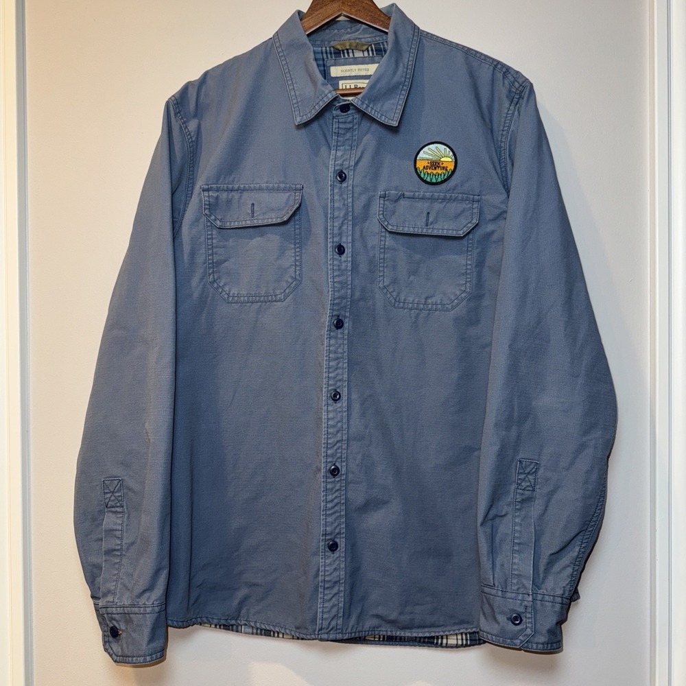 L L Bean‎ 300217 Men's Flannel Lined Hurricane Shirt L Blue Work Chore EUC